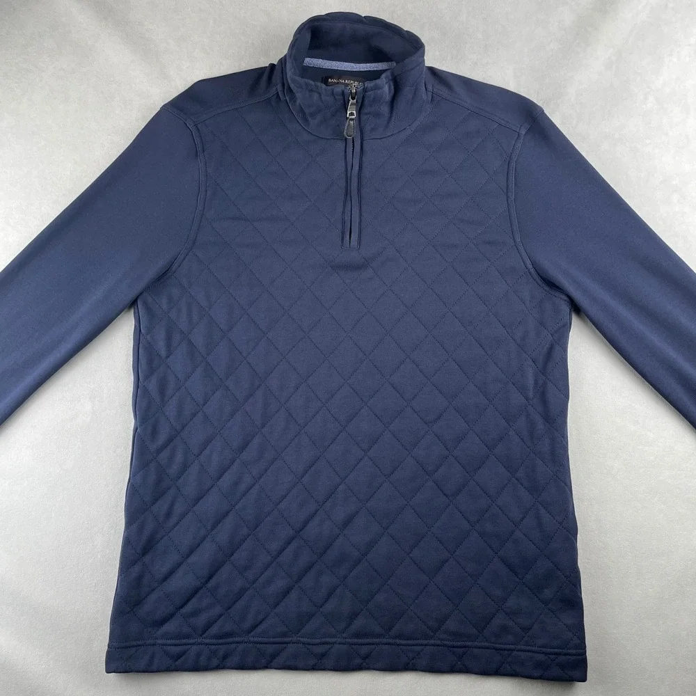 Banana Republic Sweater Mens M Navy Blue Quilted Quarter Zip Pullover Golf Layer